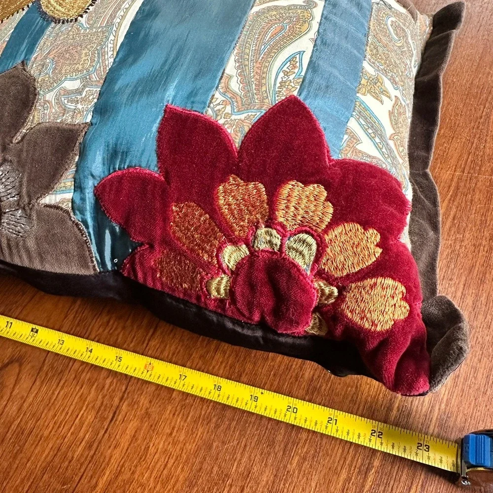 Pier 1 Floral Embroidered Velvet Accent Pillow 12x22 Boho Eclectic Maximalist